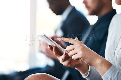 Buy stock photo Hand, phone and business woman in a meeting or conference while typing for notes or communication. Female entrepreneur in seminar or workshop audience with a smartphone for research or to check email