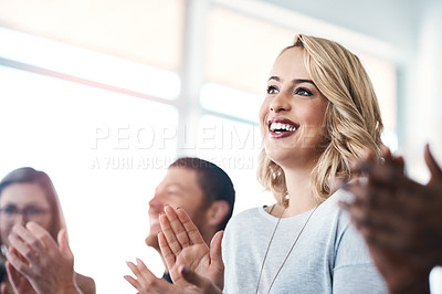Buy stock photo Applause, teamwork and seminar with hands of business people for support, success and event celebration. Wow, winner and target with audience clapping  in meeting for goal, motivation and agreement