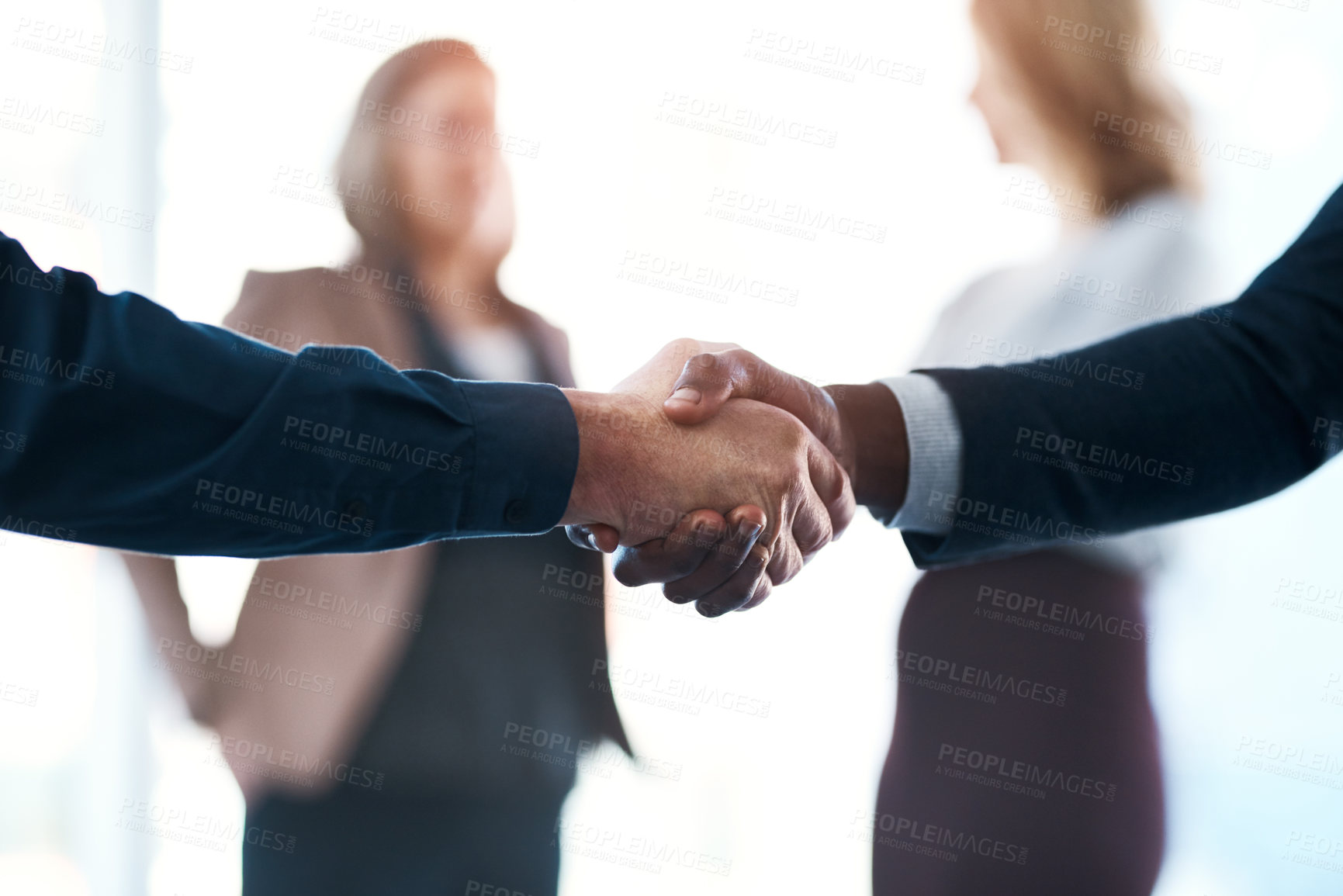 Buy stock photo People, office and handshake for welcome or greeting and congratulations on business deal and opportunity. Meeting, thank you and success with partnership, support and teamwork for collaboration