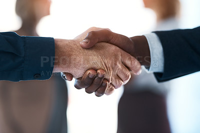Buy stock photo Business people, closeup handshake and agreement in office with human resources, support or welcome for hiring. Team building, hands and connect for synergy, teamwork or partnership in collaboration