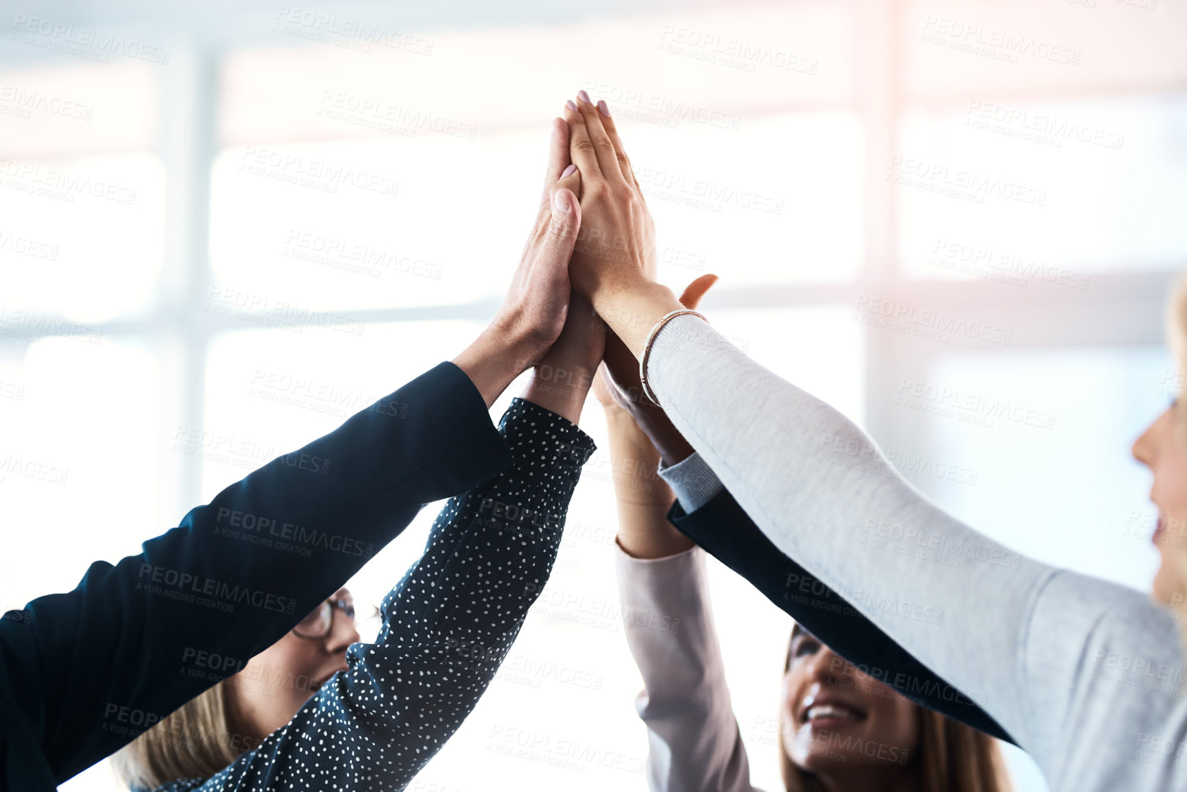 Buy stock photo People, office and high five with smile for celebration on deal, teamwork and collaboration. Unity, boardroom and happy for business achievement or success with congratulations and team building