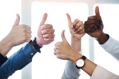 Buy stock photo People, hands and thumbs up in office for business, good job or positive reinforcement support. Corporate team, emoji gesture or yes sign in workplace for approval, agreement or project collaboration