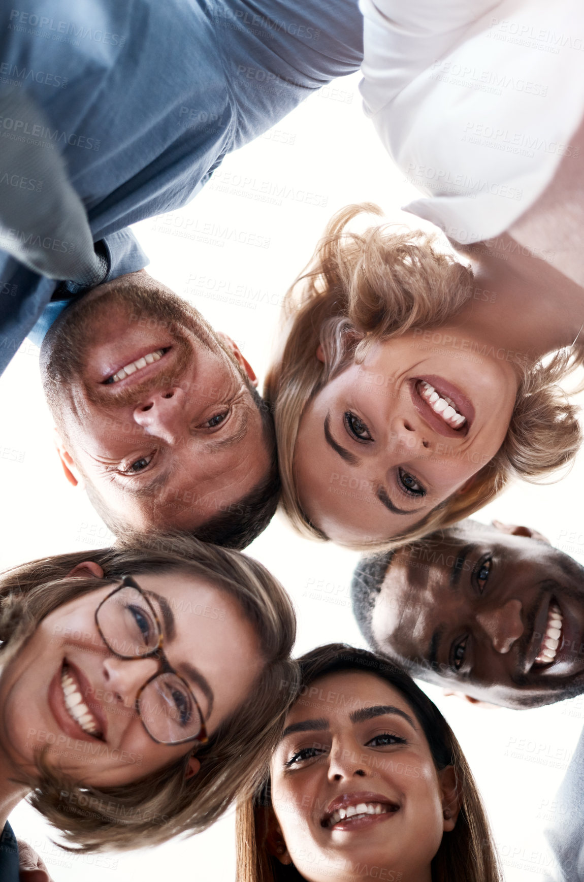 Buy stock photo Diversity, huddle and portrait with smile of business people from below for solidarity or unity. Collaboration, face and teamwork with employee friends in circle outdoor for motivation or support