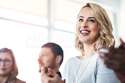Buy stock photo Applause, support and seminar with business woman for success, teamwork and event celebration. Wow, winner and target with audience clapping in conference meeting for goal, motivation and agreement