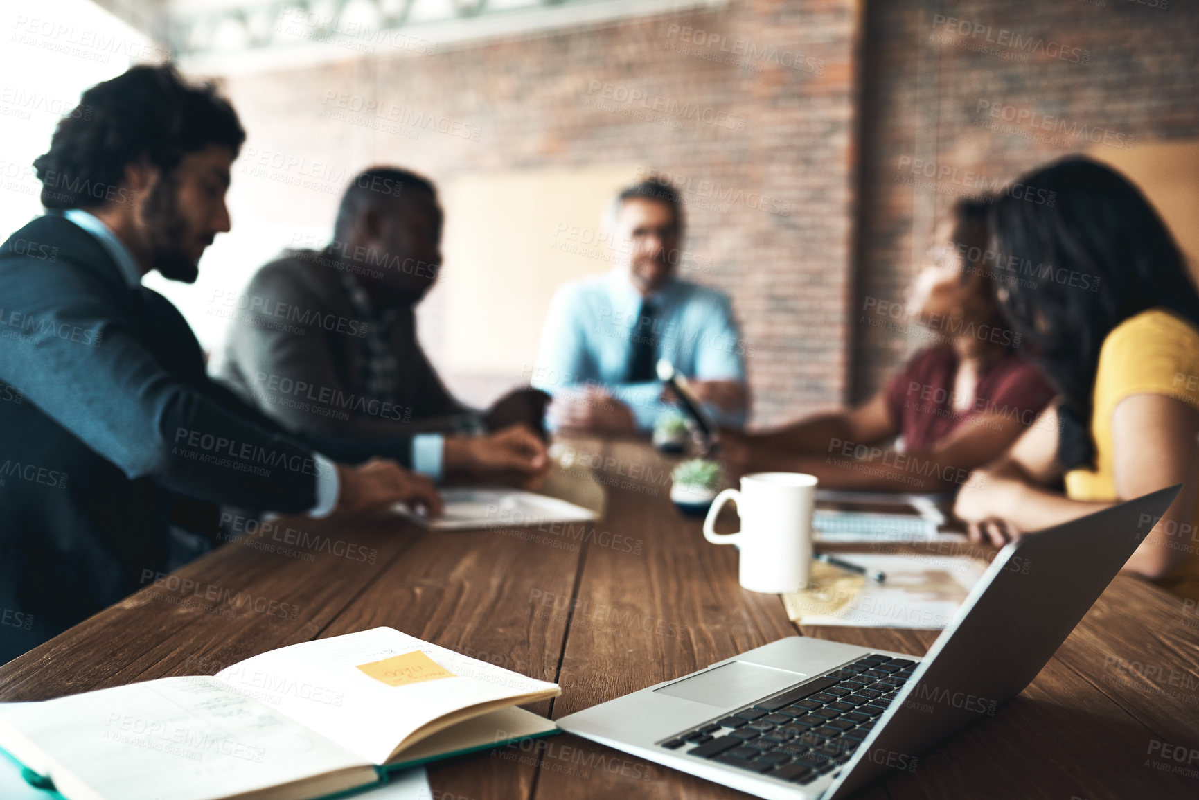 Buy stock photo Table, laptop or business people meeting in office for teamwork, partnership and communication. Corporate, colleagues or group with tech discuss company plan for workshop, proposal or project