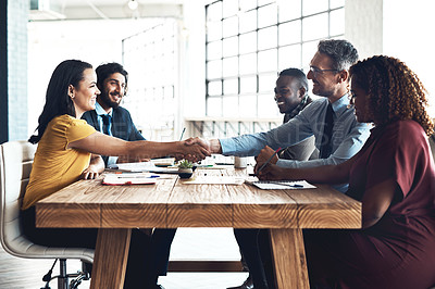Buy stock photo Business people, handshake and staff deal in meeting with agreement and contract collaboration. Partnership, success and b2b work with shaking hands to welcome and show congratulations from teamwork