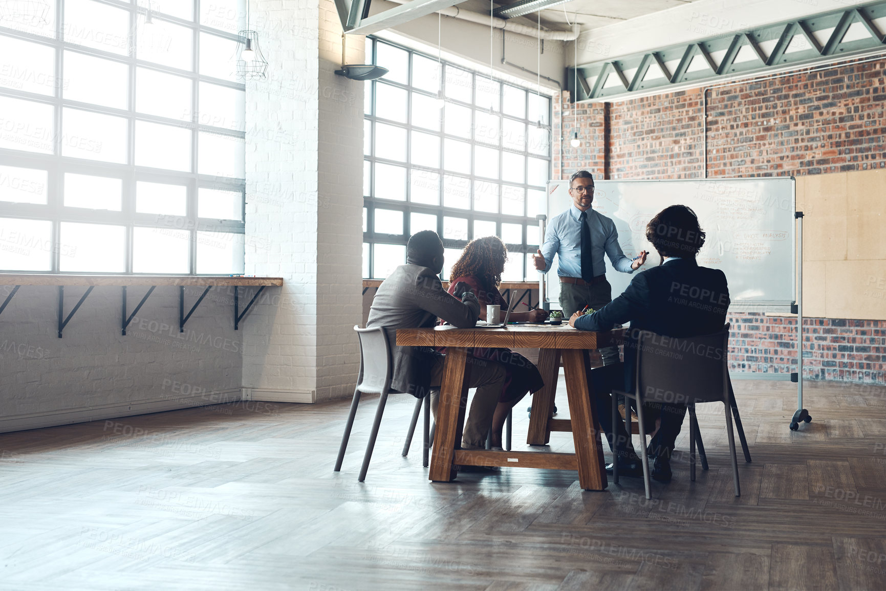 Buy stock photo Whiteboard, education or man in presentation for teaching, SWOT analysis or solution in meeting. People, business workshop or leader talking in team training, coaching class or learning opportunity