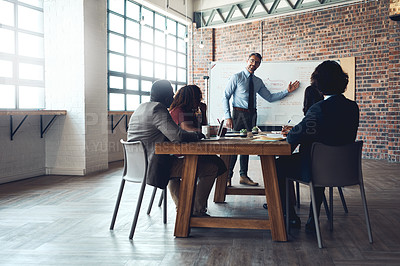 Buy stock photo Board, man or speaker in presentation for teaching, SWOT analysis or marketing strategy in meeting. People, business workshop and leader talking in team training, coaching or learning opportunity