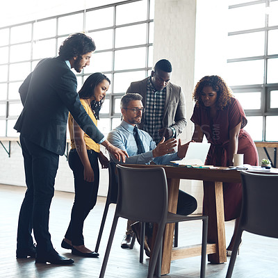 Buy stock photo People, laptop or businessman in meeting for brainstorming, learning or teaching for teamwork in office. Planning, feedback or manager talking in team training, coaching class or project discussion