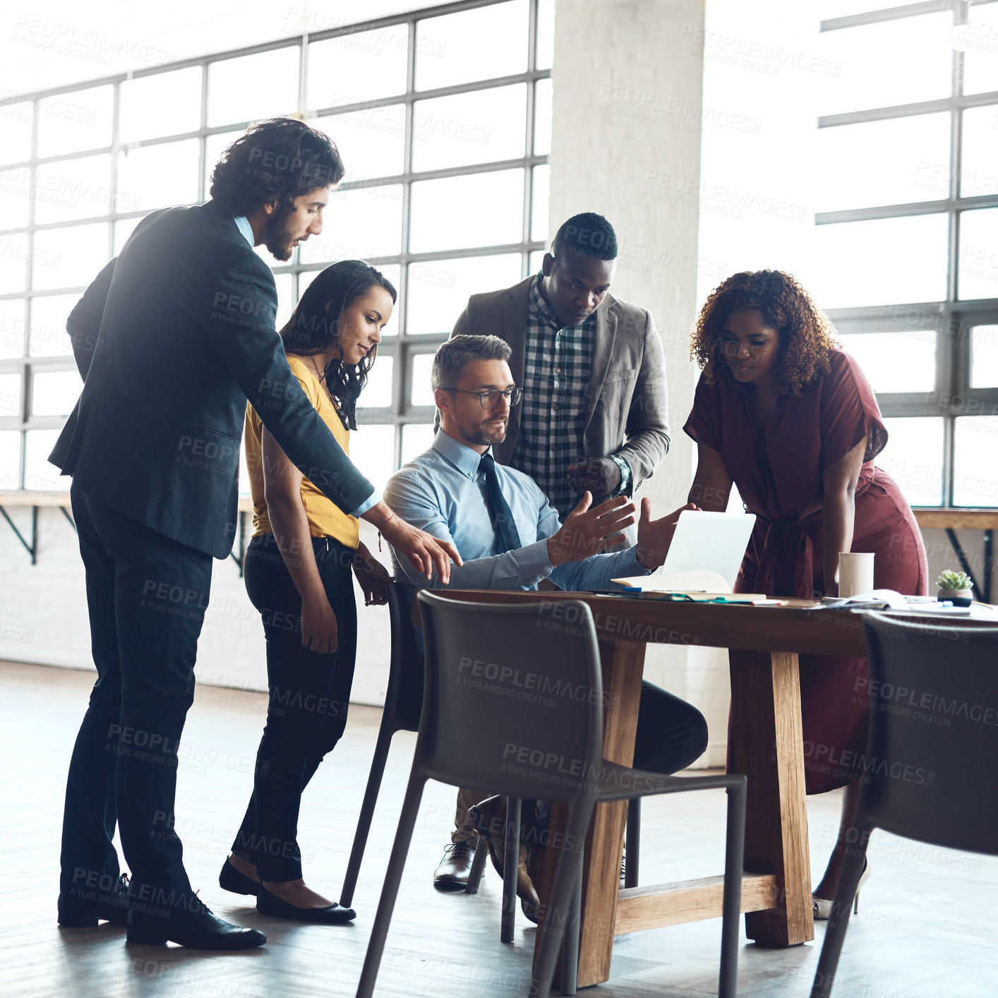 Buy stock photo People, laptop or businessman in meeting for brainstorming, learning or teaching for teamwork in office. Planning, feedback or manager talking in team training, coaching class or project discussion