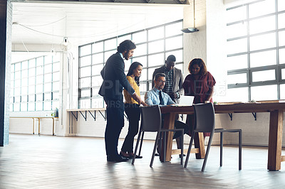 Buy stock photo Business people, meeting and discussion with laptop together for performance improvement, mentorship and training. Manager, group and online for learning system or coaching, skills and guidance.