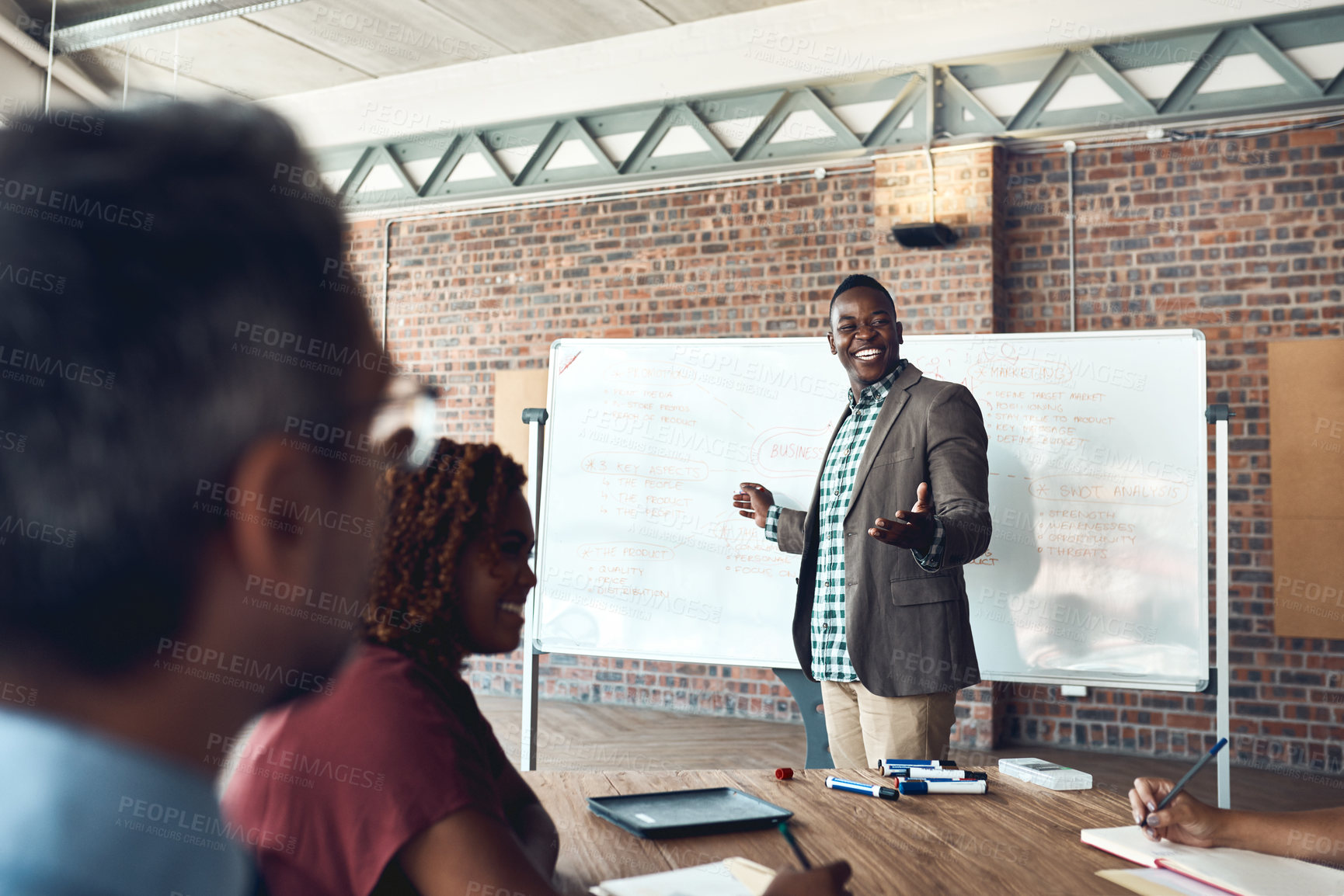 Buy stock photo Board, man or speaker in presentation for coaching, SWOT analysis or skill development in meeting. People, business workshop or leader talking in team training, teaching or learning opportunity