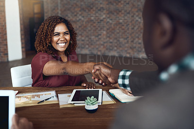 Buy stock photo Business people, teamwork and handshake in meeting, opportunity and feedback for project, agreement and job interview. Thank you, hands or group with promotion, hiring and victory for b2b deal or joy