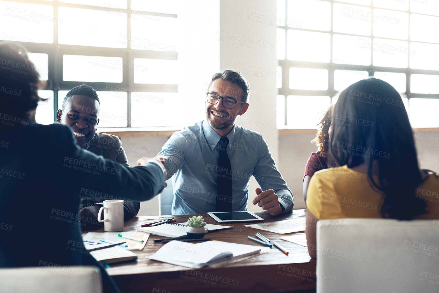 Buy stock photo Business man, office handshake and deal in a meeting with agreement and contract collaboration. Partnership, success and b2b work with shaking hands to welcome and show congratulations from teamwork