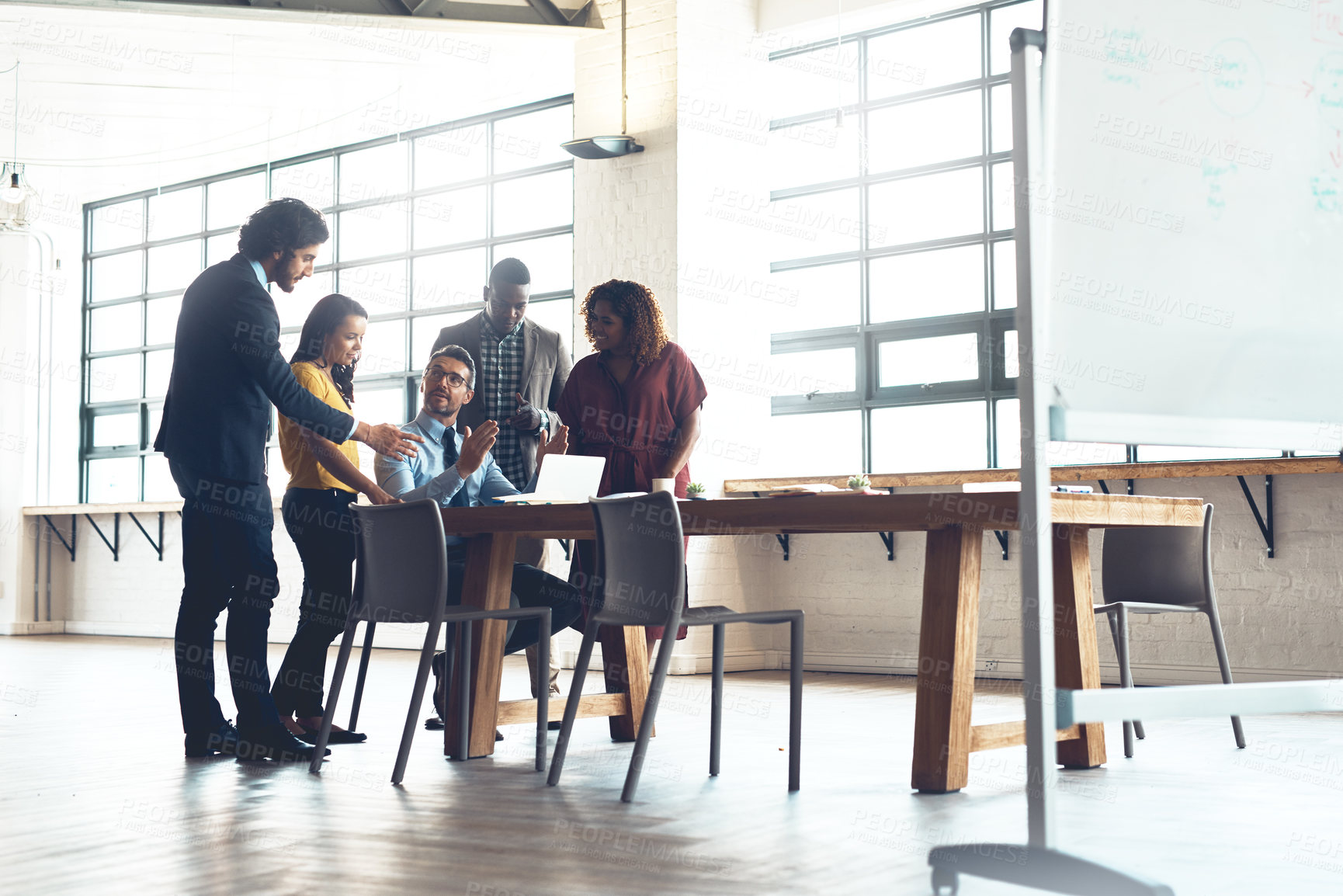 Buy stock photo Business people, workshop and discussion with laptop together for performance improvement, mentorship and training. Manager, group and online for learning system or coaching, skills and guidance.