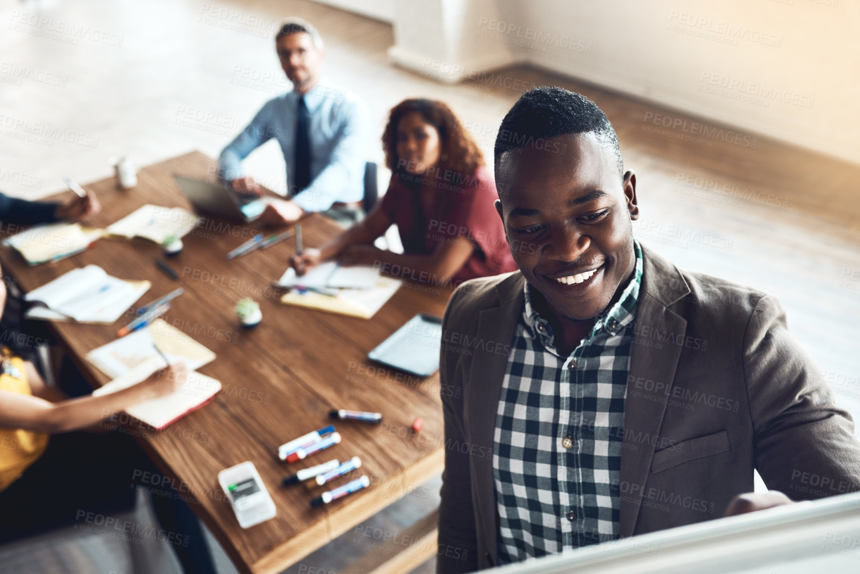 Buy stock photo Board, business or black man in presentation for teaching, SWOT analysis or skill development in meeting. People, workshop or happy leader talking in team training, coaching or learning opportunity