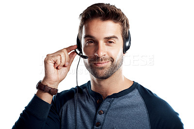 Buy stock photo Man, headset and confident in studio as call center agent in white background for customer service.  Employee, portrait and happy with microphone for crm with pride for client support and advice