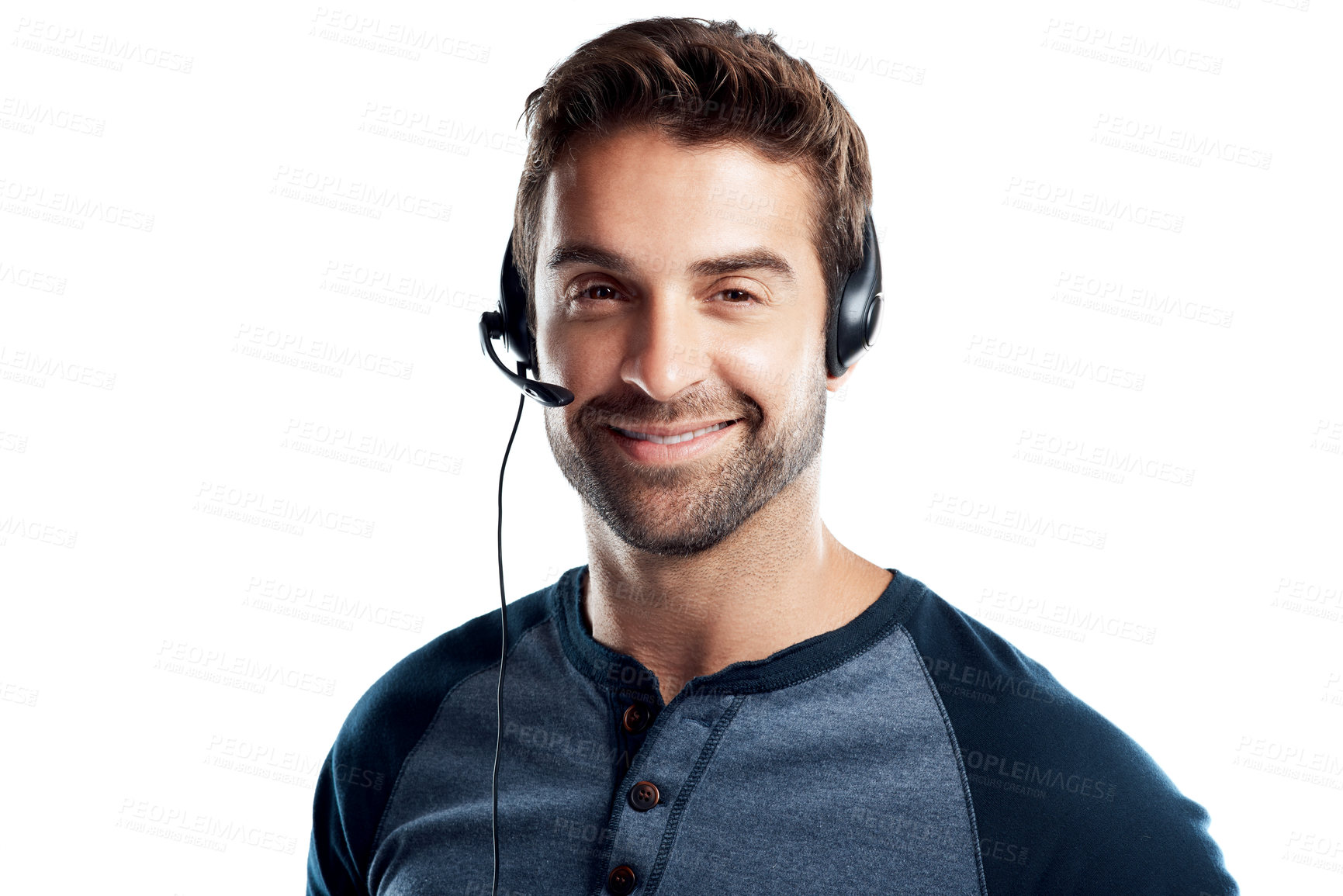 Buy stock photo Studio portrait of a handsome young man using a headset against a white background