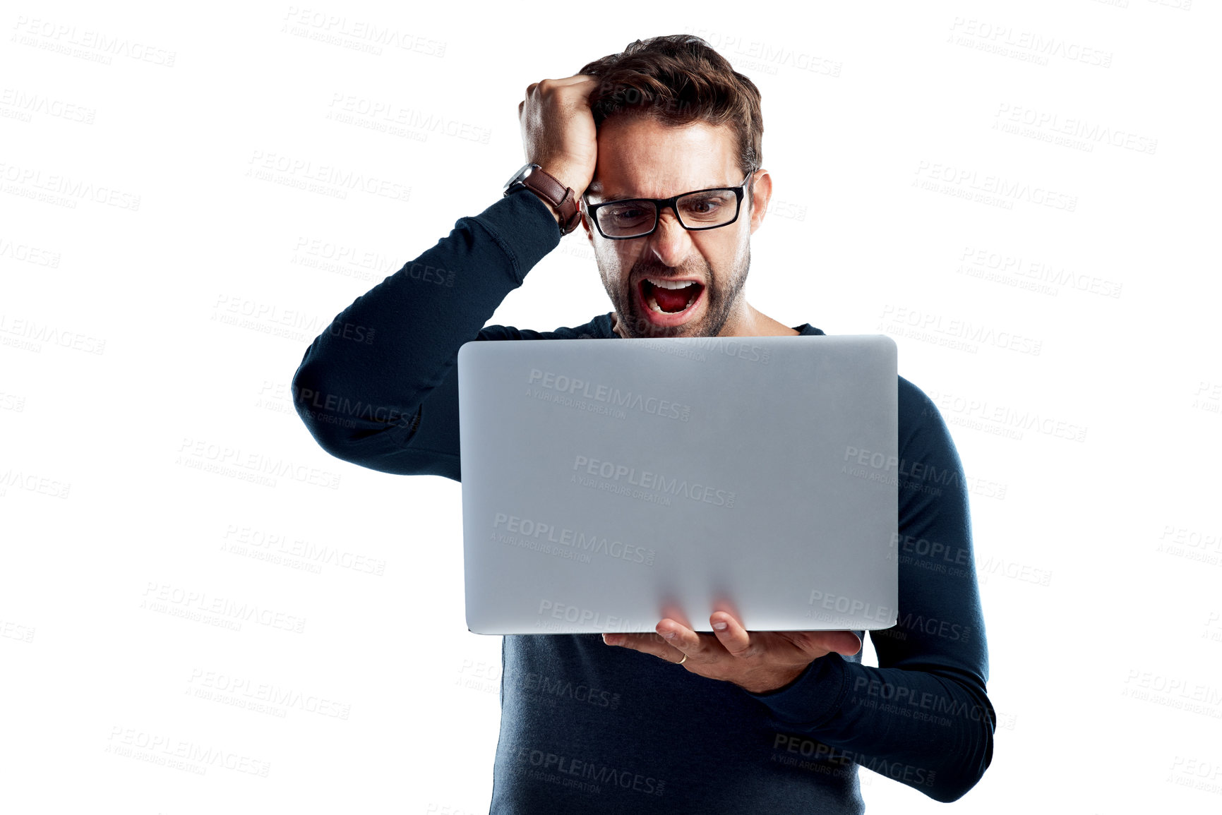 Buy stock photo Frustrated man, laptop and financial loss with debt for bad investment or stock market crash on a white studio background. Angry, male person or model with computer in frustration for bankruptcy