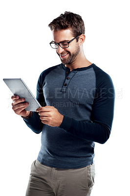 Buy stock photo Tablet, man and social media scroll with internet, smile and happy from digital news app in studio. Technology, reading and email with game, glasses and online with white background and device