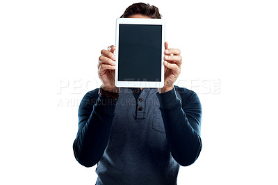 Buy stock photo Tablet, screen and man in studio presentation on website, ux software or online connection space. Promo, announcement and designer on digital app for subscription, search or offer on white background