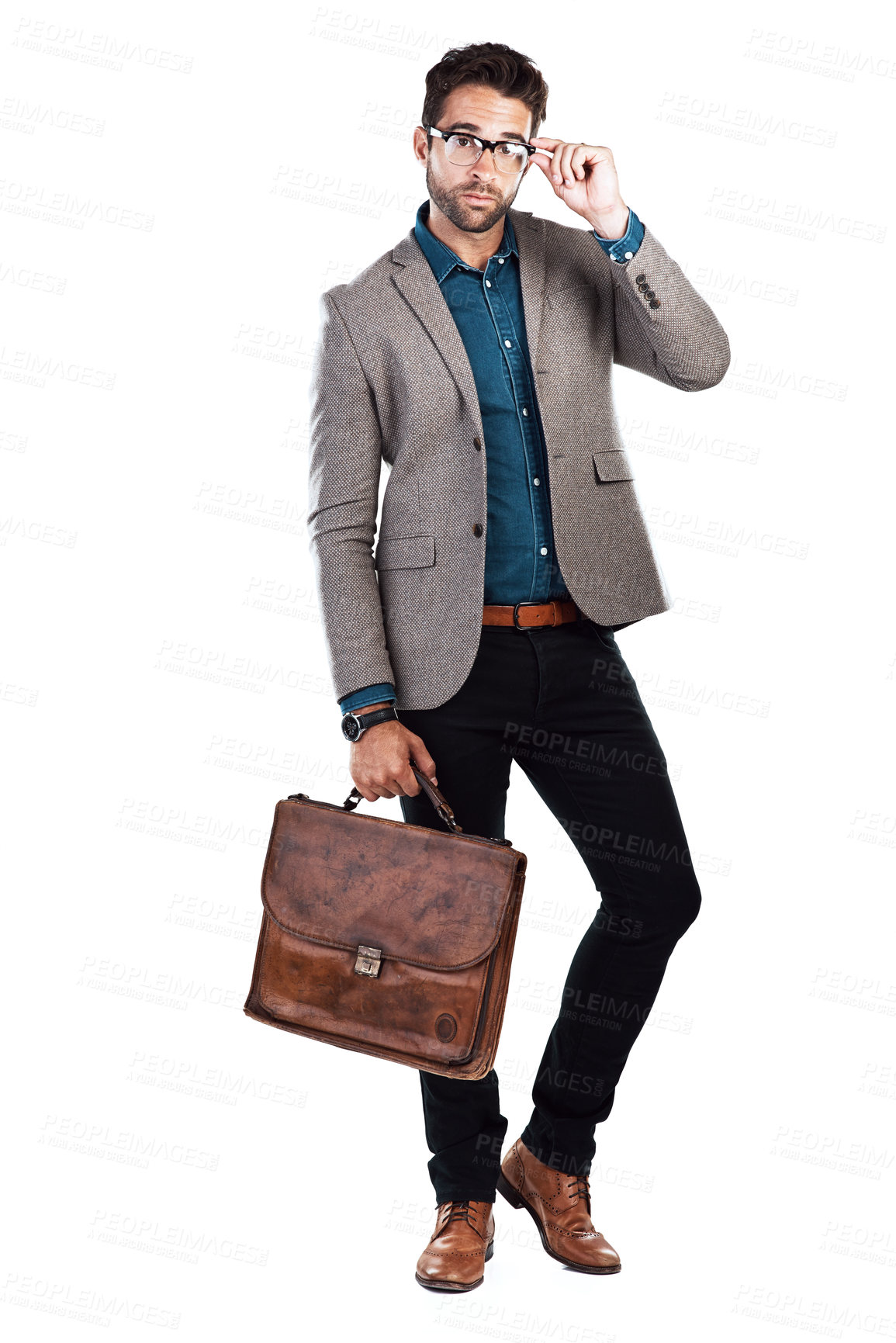 Buy stock photo Business man, portrait and professional fashion of lawyer with briefcase and glasses in studio. Entrepreneur, working and bag with law firm job and confidence with white background and blazer