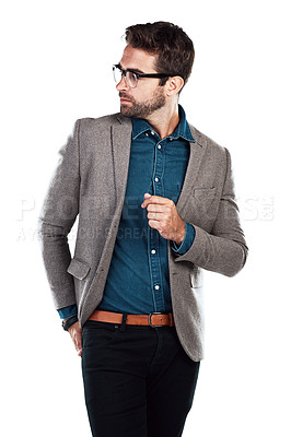 Buy stock photo Businessman, confidence and thinking with glasses in studio for corporate career, clothes and fashion. Worker, vision and employee with eyewear for professional, style and outfit by white background