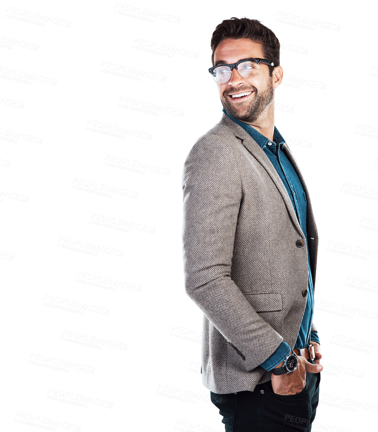 Buy stock photo Professional, businessman and happy with glasses in studio for corporate clothes, fashion and pride. Eyewear, smile and employee with mockup space for classy, style and outfit by white background