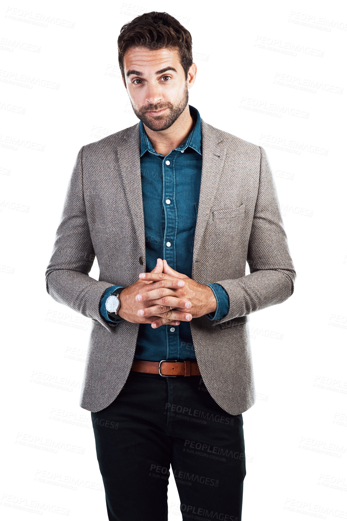 Buy stock photo Confident, businessman and portrait with pride in studio for corporate fashion, style and clothes. Worker, watch and employee with blazer for professional, outfit and classy by white background