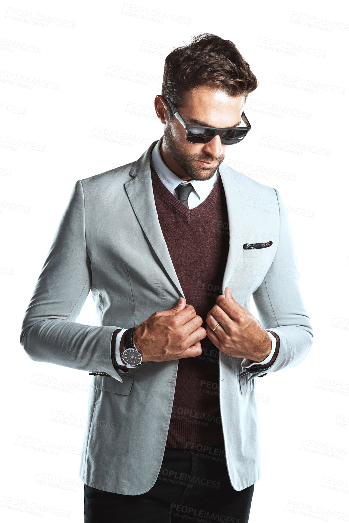 Buy stock photo Corporate, businessman and thinking with sunglasses in studio for professional, style and fashion. Employee, blazer and worker with confidence for classy outfit, pride and eyewear by white background