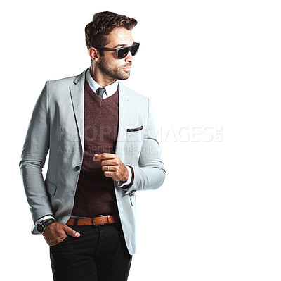 Buy stock photo Corporate, man and thinking with sunglasses in studio for business fashion, clothes and style. Confident, employee and male worker with mockup space for classy, outfit and blazer by white background