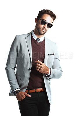 Buy stock photo Corporate, man and portrait with sunglasses in studio for business fashion, clothes and style. Employee, broker and male worker with confidence for classy, blazer and outfit by white background