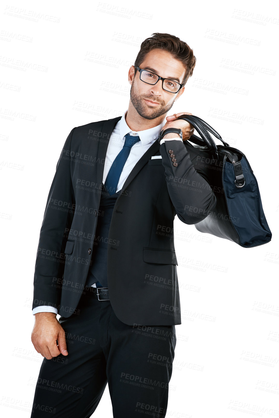 Buy stock photo Business man, spy and portrait with work bag with professional, fashion and entrepreneur in studio. Executive suit, watch and job with glasses and corporate agent with white background and confidence