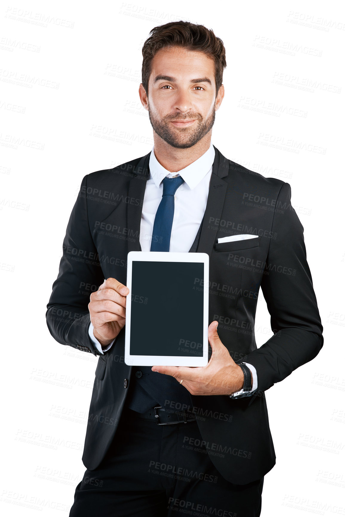 Buy stock photo Studio, businessman and portrait with tablet screen for advertising, coming soon and product marketing. Career, sales person and promotion with tech mockup for branding, decision and white background