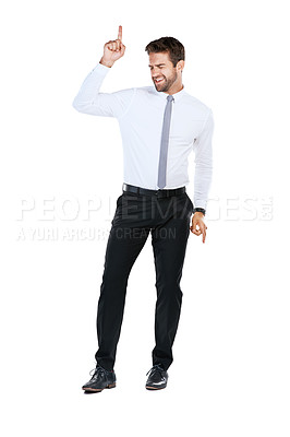 Buy stock photo Smile, dance and business man in studio with winning, success and professional achievement. Growth, pride and businessman with excited celebration, confidence or happy opportunity on white background