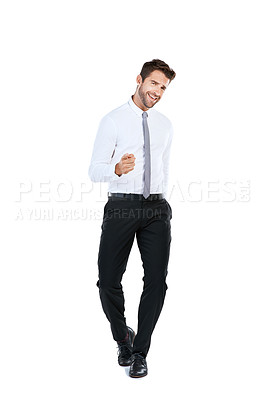 Buy stock photo Dance, pointing and portrait of businessman in studio with smile, success and professional achievement. Growth, business and man with happy celebration, confidence and opportunity on white background