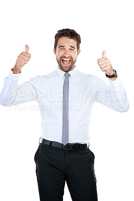 Buy stock photo Thumbs up, excited and portrait of business man in studio with hand gesture for success, support and approval. Corporate, white background and isolated person with emoji for agreement, yes and okay