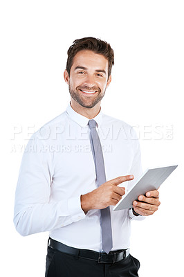 Buy stock photo Studio shot of a handsome young businessman posing against a white background