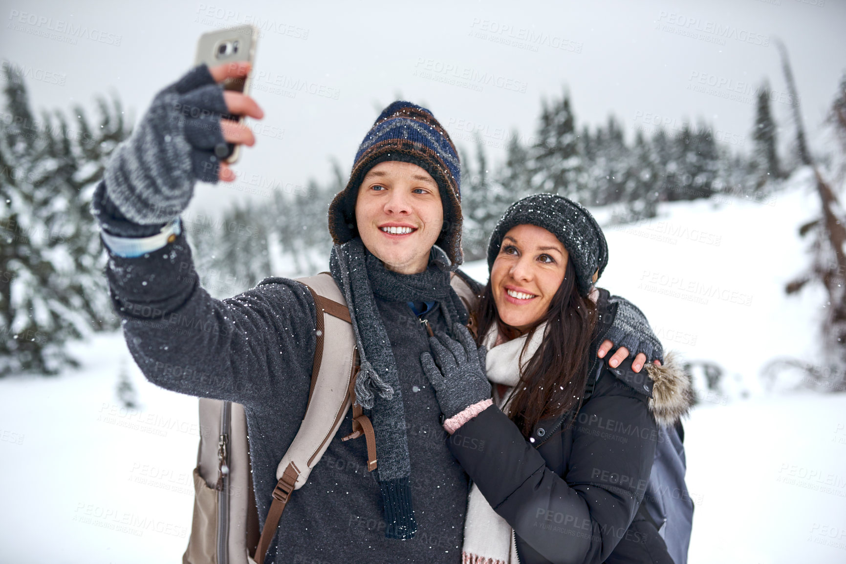 Buy stock photo Winter, snow and couple with hug for selfie, document memories and profile picture for social media. Married people, man and woman for photography in vacation, adventure and anniversary in Canada