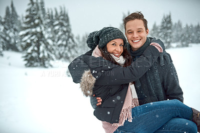 Buy stock photo Winter, snow and couple in portrait for lifting, travel adventure and bonding outdoor with hiking journey. Cold season, woman and man with carrying for holiday vacation, location and happy in Canada