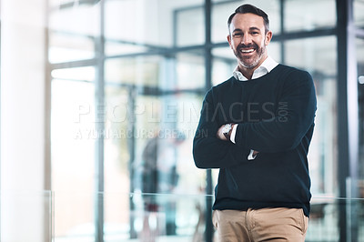 Buy stock photo Mature, businessman and arms crossed portrait with law firm, attorney agency or manager for goals. Happy lawyer, professional company employee and worker in modern office, proud and consultant smile