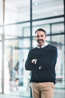 Buy stock photo Mature, lawyer and portrait with law firm, attorney agency and proud manager for goals, vision and motivation. Happy businessman, professional company employee and worker in modern consultant office