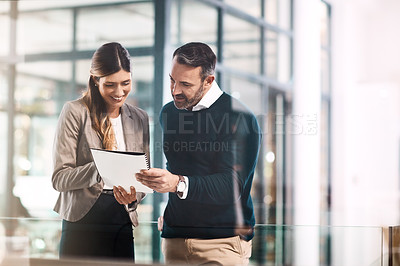 Buy stock photo Man, woman and documents with reading in office for teamwork, advice or review for proposal. Business people, partner and attorney for feedback, compliance or conversation with paperwork in workplace