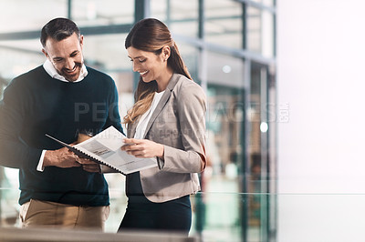 Buy stock photo Man, woman and documents with collaboration in office for team, advice and review for proposal. Business people, partner and attorney for feedback, compliance and smile with paperwork in workplace