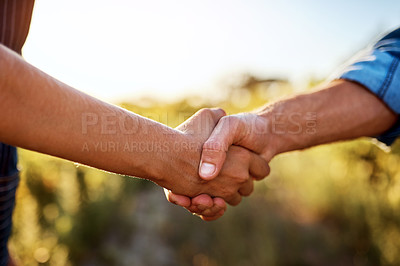 Buy stock photo Farmer b2b, handshake and partnership for sustainability deal in the countryside on farm. Agriculture, thank you and collaboration agreement in nature with farming worker and sustainable business