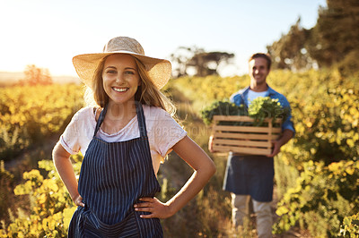 Buy stock photo Portrait, harvest and happy woman on farm for small business, pride and startup in countryside. Female farmer, man and crate of fresh produce for stock, agriculture or teamwork in garden for growth