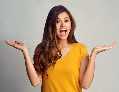 Buy stock photo Woman, portrait and confused in studio with question, doubt and mockup for decision, choice and comparison. Girl, face and shrug with uncertainty, wondering and puzzled for offer on white background