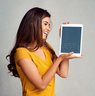 Buy stock photo Woman, mockup and tablet screen for advertising, smile for promotion on white background. Digital, girl model and marketing by brand ambassador with technology, ux design deal and app in studio