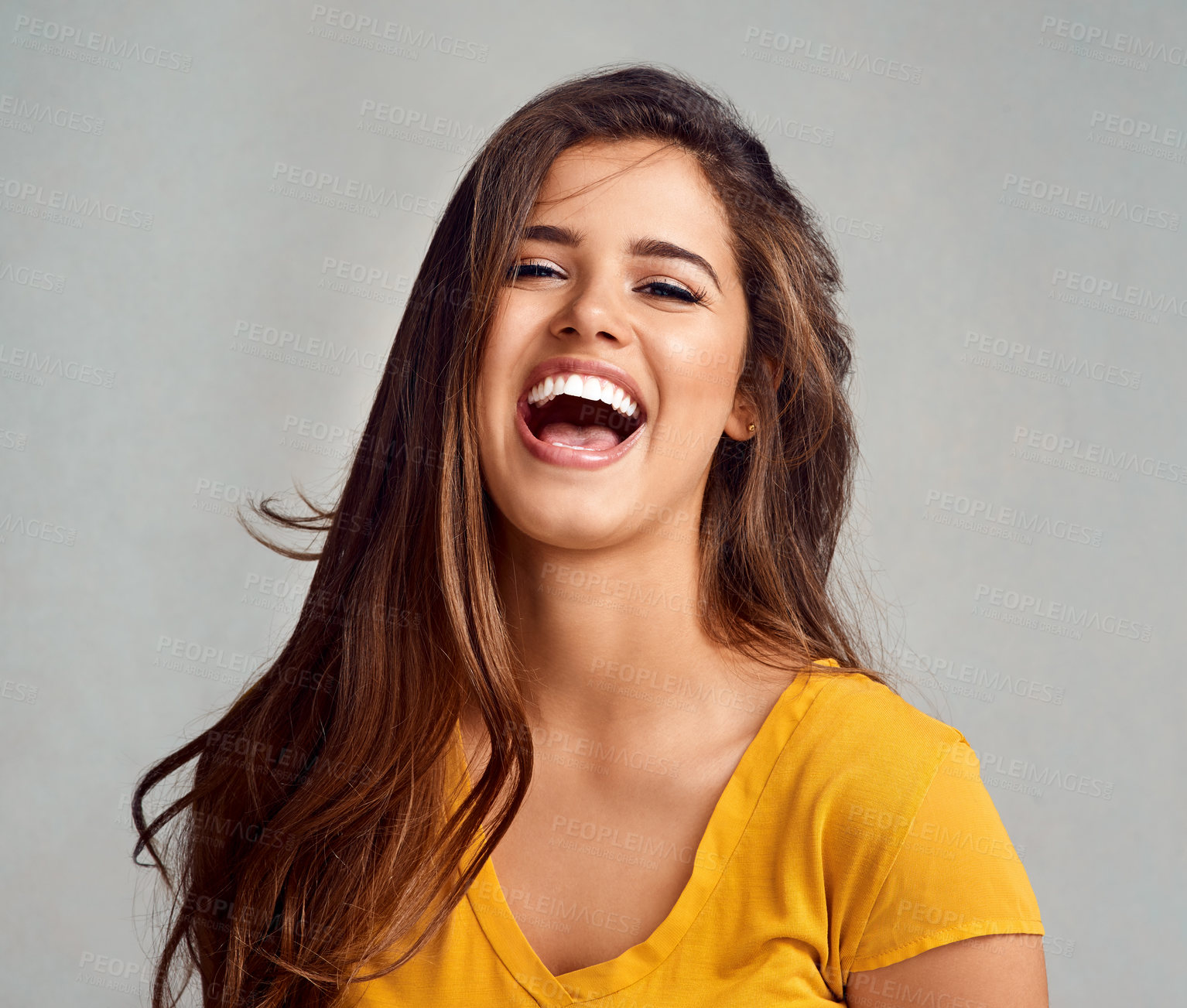 Buy stock photo Studio, laugh and portrait of woman with confidence, positive attitude and comedy in trendy fashion. Happy, face and girl in gen z style with pride, funny joke and cheerful on grey background