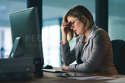 Buy stock photo Burnout, stress and business woman in office, fatigue or tired while working late at night on computer. Headache, deadline and female worker with depression, anxiety or brain fog, sick or exhausted.